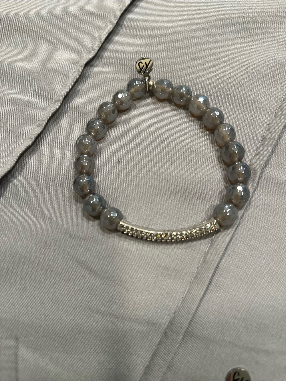 T Jazelle Beaded Stretch Bracelet with Gold Pavé Bar - Gray